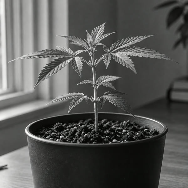 Muda em cultivo doméstico sob luz de janela
